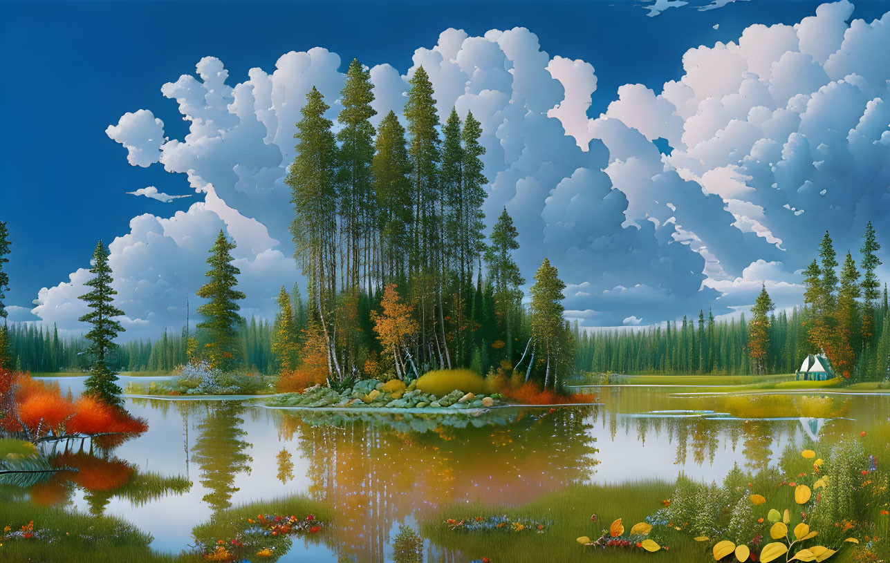 Tranquil lake with island, pine trees, autumn foliage, and clear sky