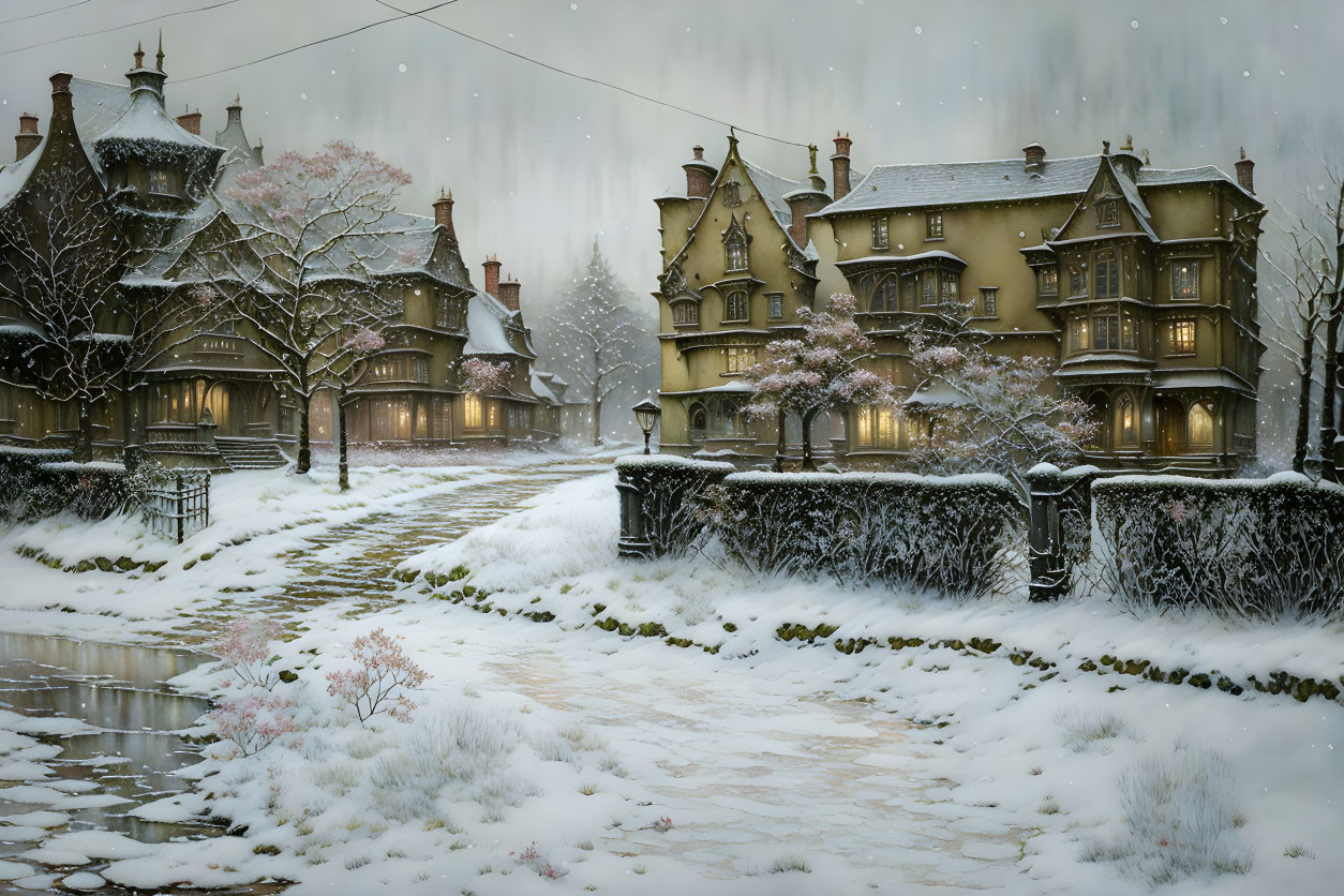 Victorian-style houses in winter scene with snow-covered path and cherry trees