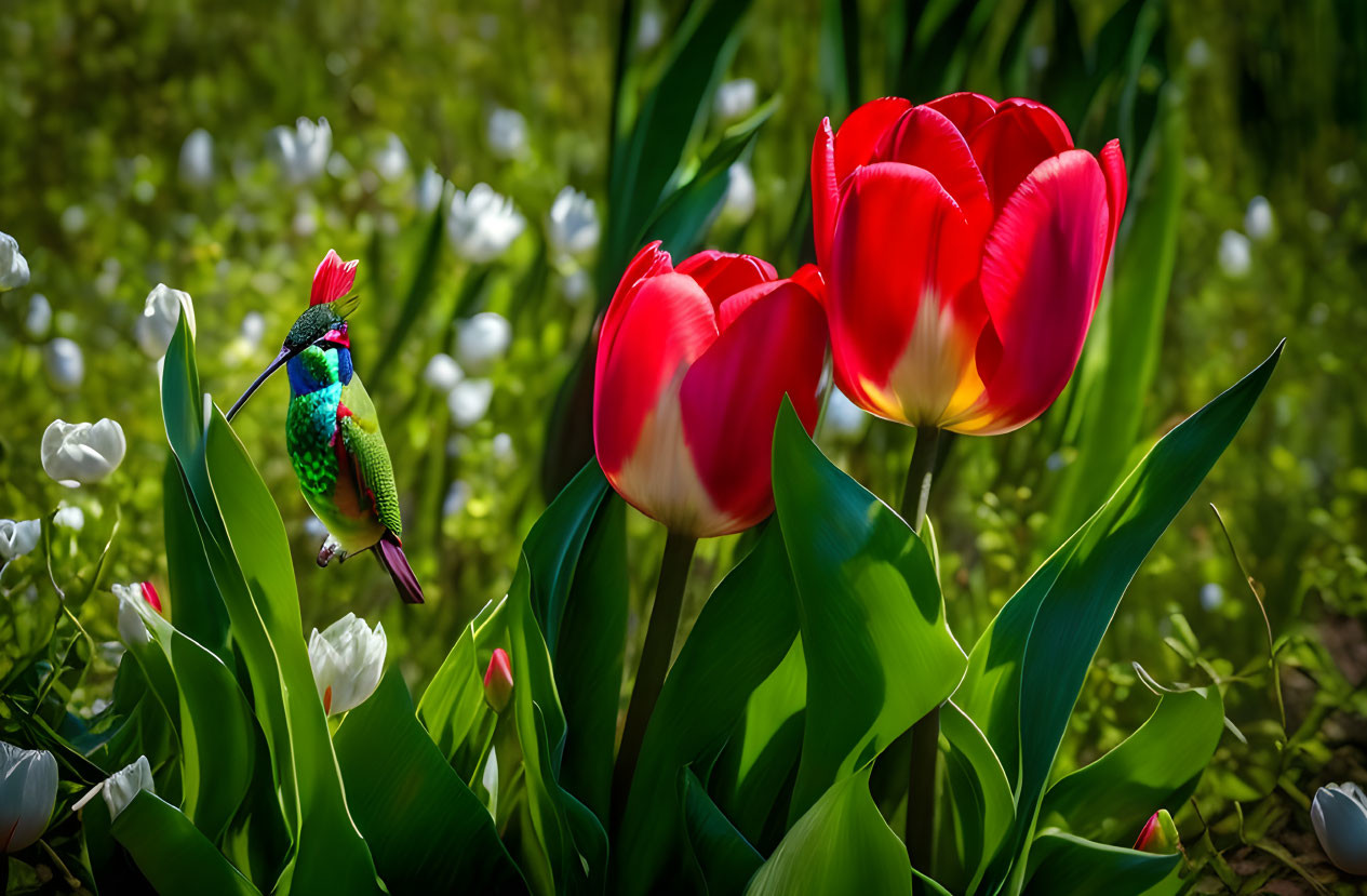 Colorful hummingbird among red and white tulips on green backdrop