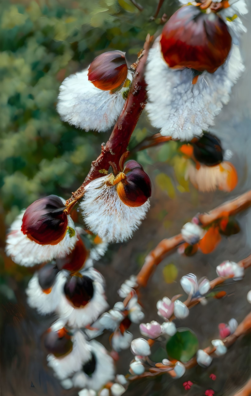 Fluffy white and brown seed pods on branch against blurred nature background