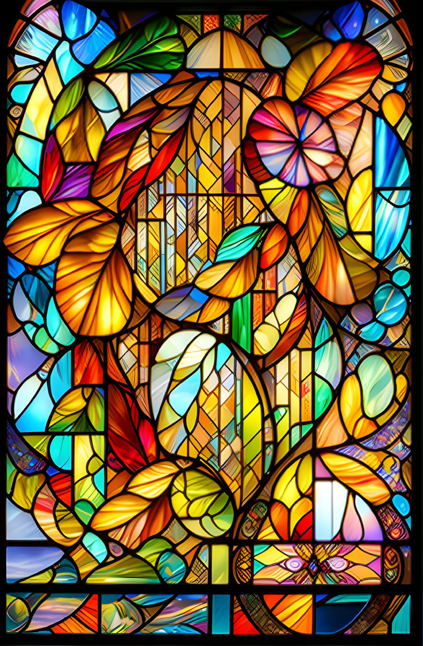 Colorful Stained Glass Window with Floral and Geometric Patterns