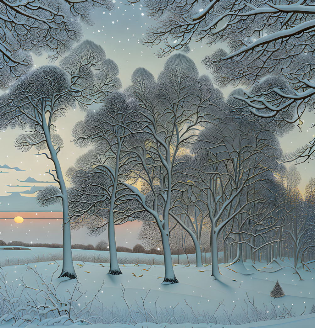 Snow-covered trees and ground under twilight sky with falling snowflakes and setting sun.