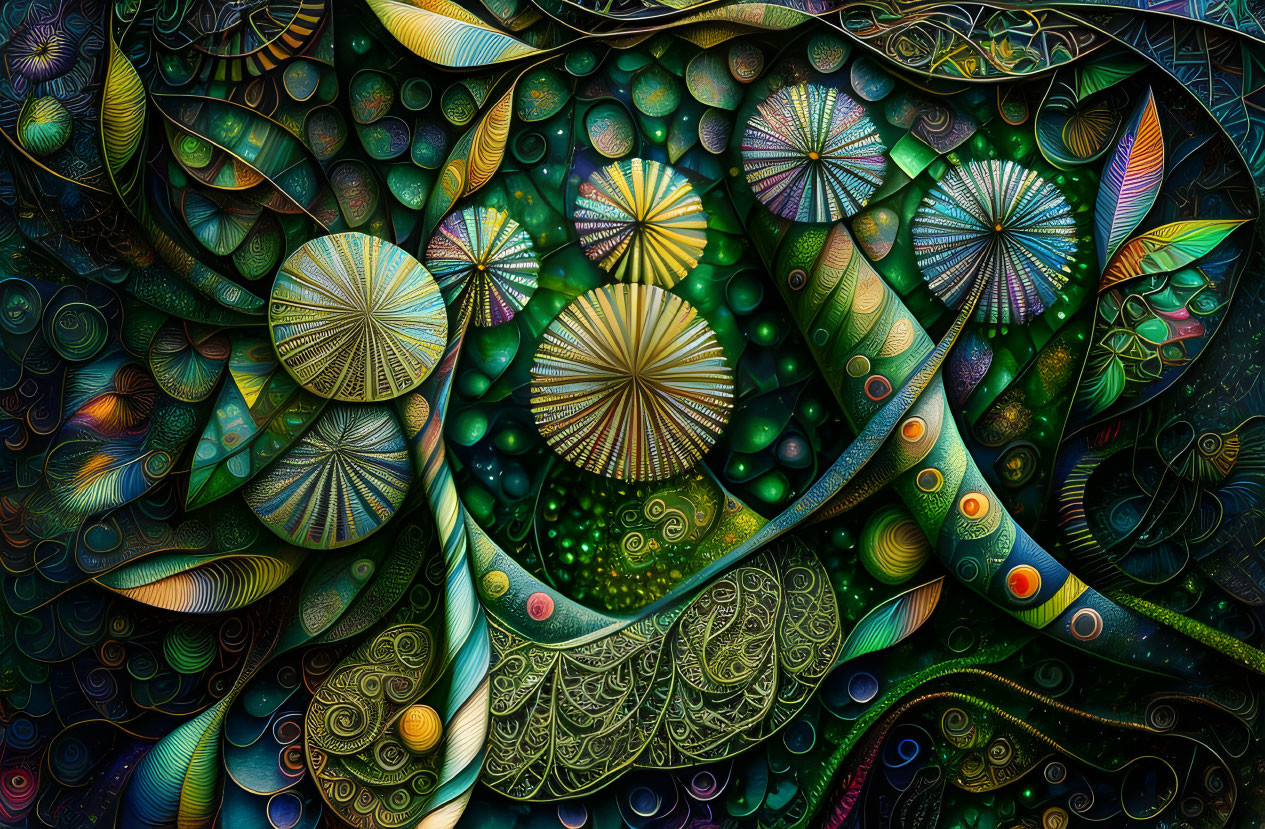 Colorful Abstract Artwork with Intricate Patterns and Swirling Shapes