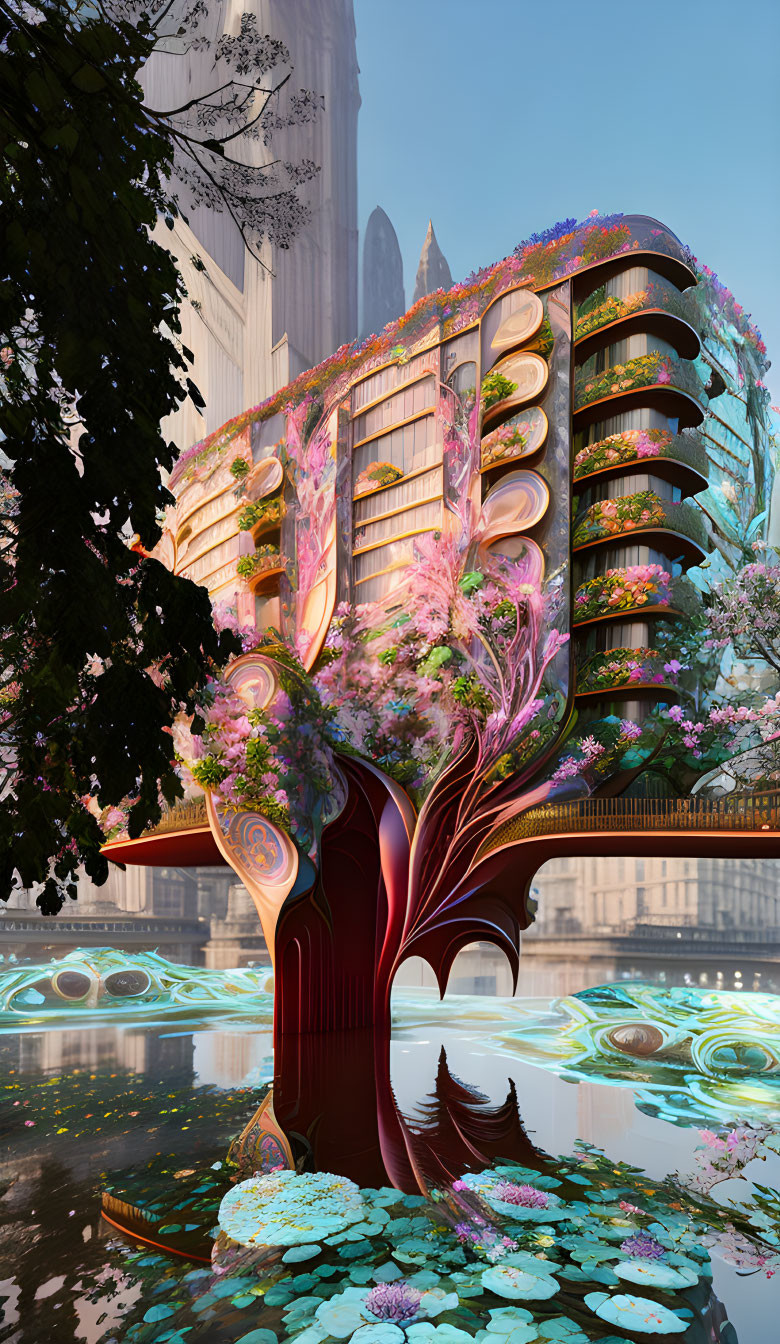 Futuristic building with vibrant flowers near reflective water in cityscape