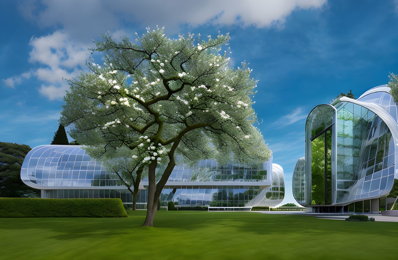 Modern glass building with curved walls in lush green setting