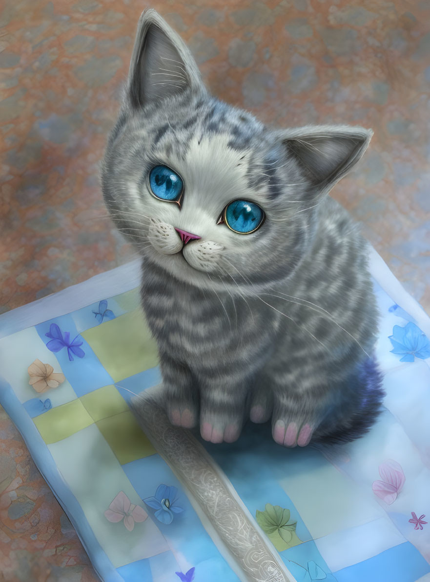 Grey Kitten with Blue Eyes on Pastel Quilt with Floral Patterns