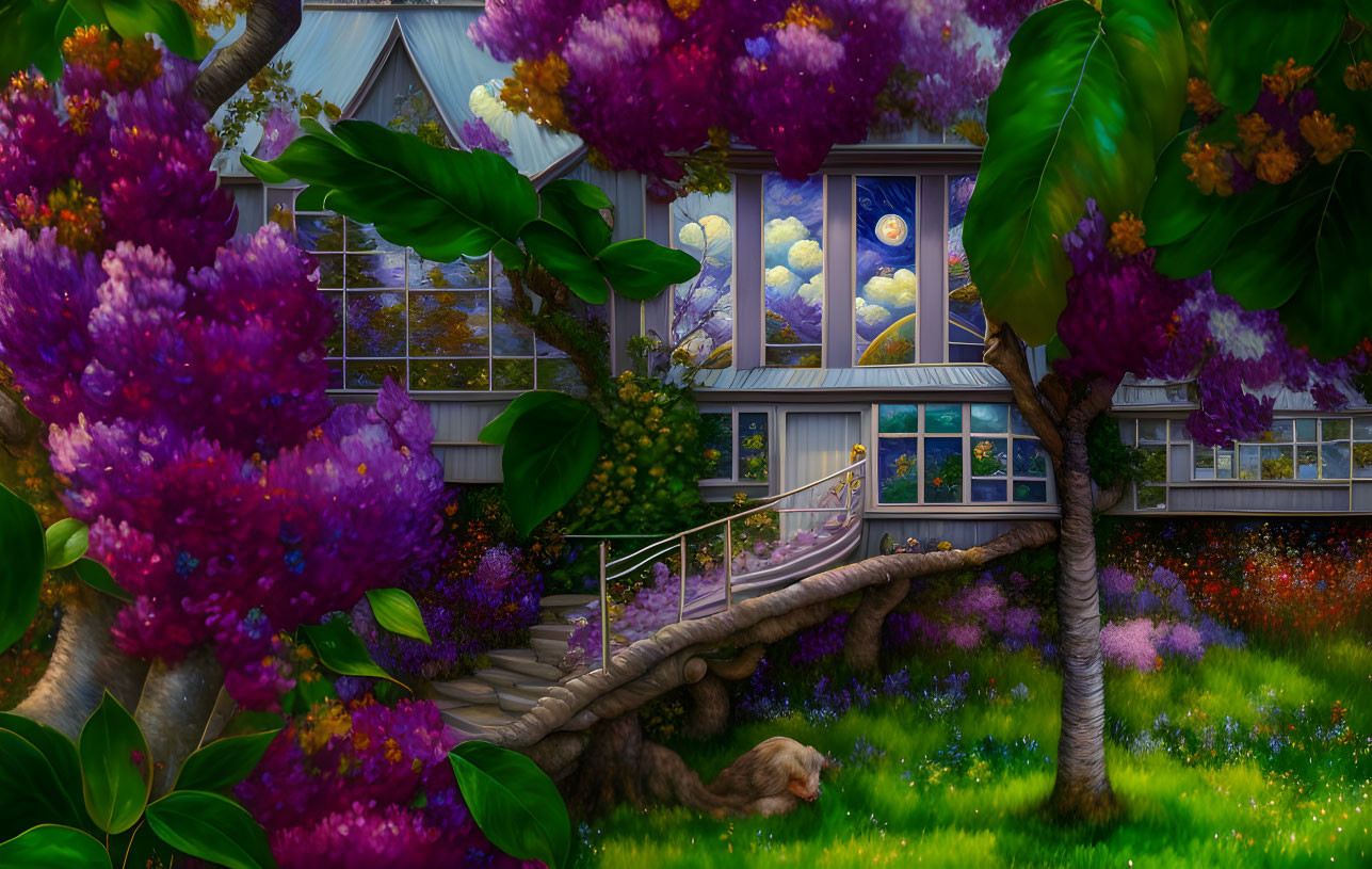 Whimsical house with purple trees and moonlit night scene.