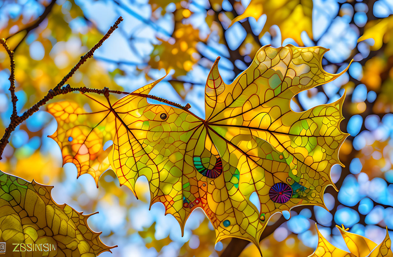 Vivid autumn leaf with intricate vein patterns under sunlight