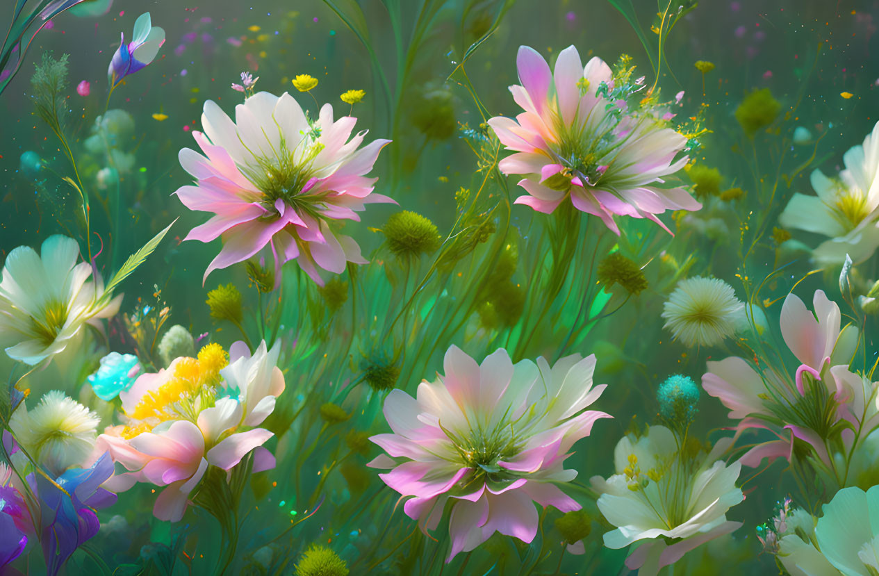 Colorful Blooming Flowers in Pink, White, Blue, and Yellow on Green Background