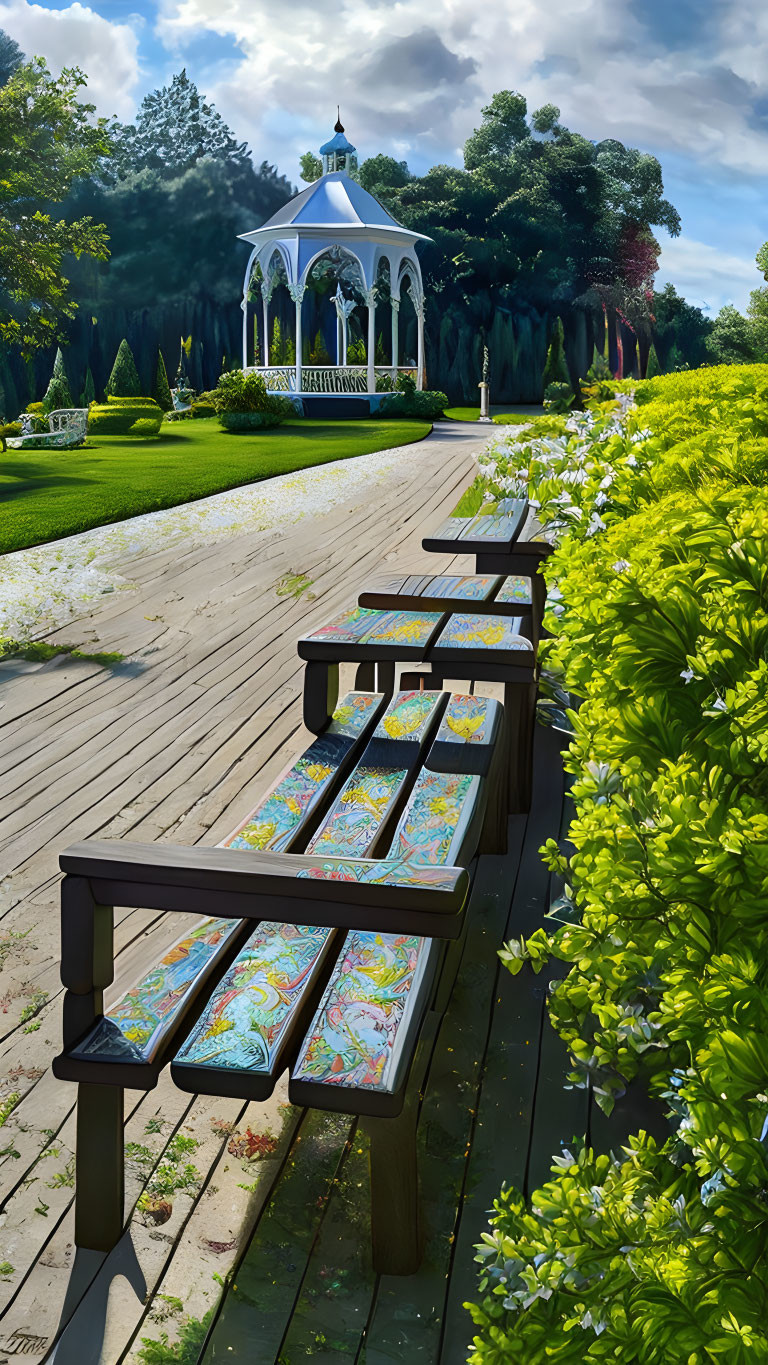 Ornate Benches by White Gazebo in Lush Park