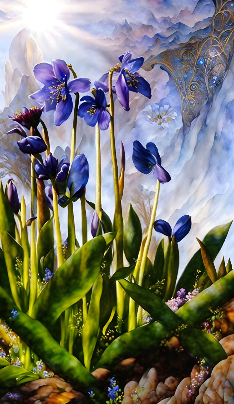 Colorful blue and purple flowers with celestial background and intricate patterns