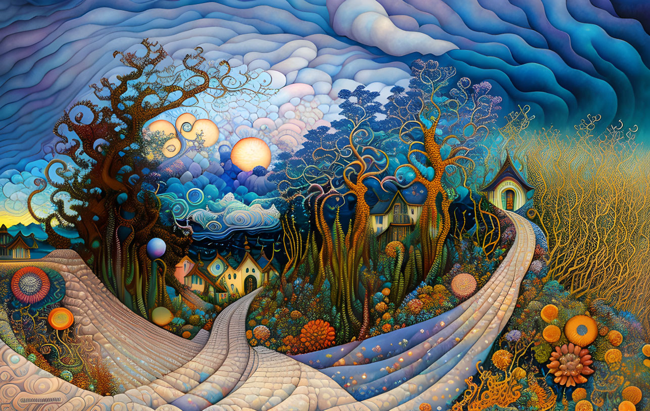 Whimsical landscape with swirling skies and stylized trees