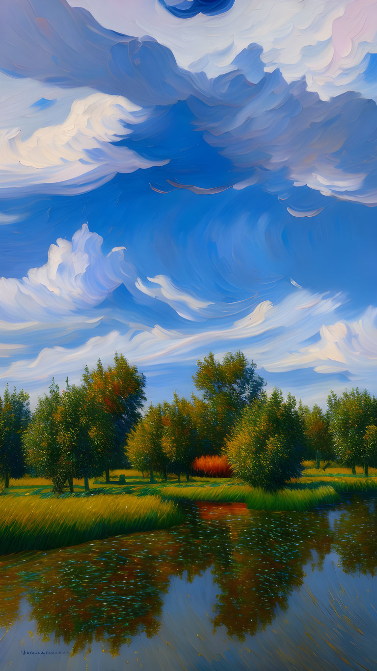 Scenic orchard painting by calm lake with fluffy clouds