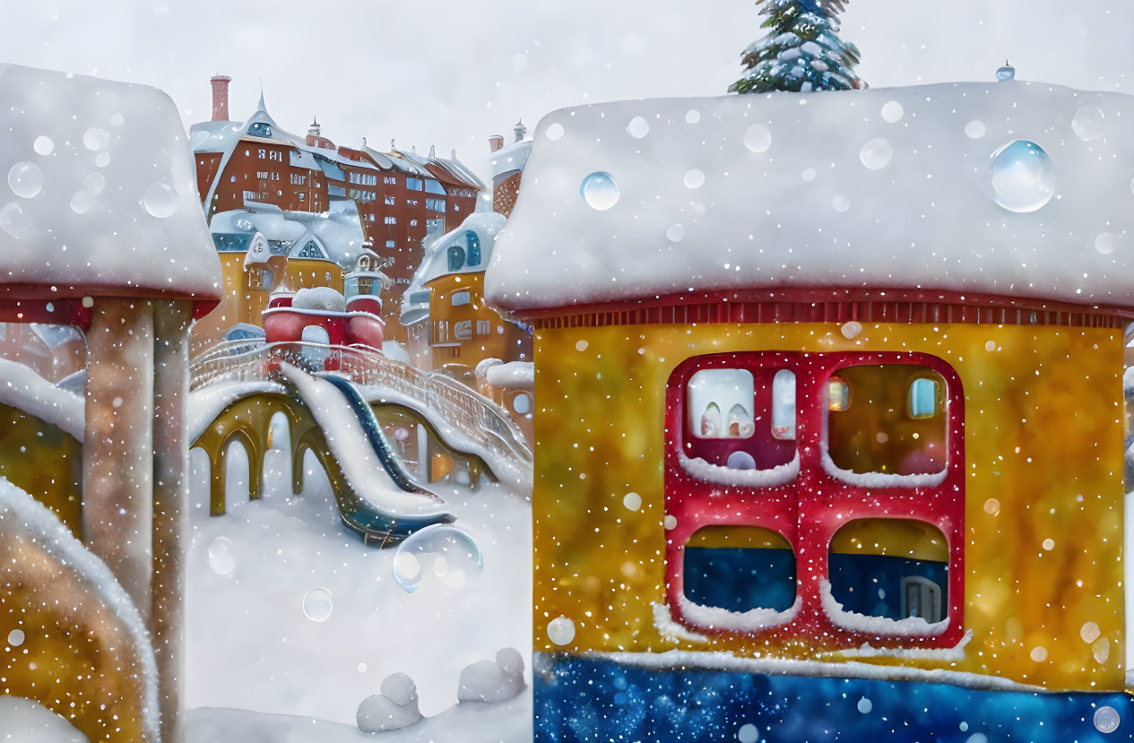 Whimsical Winter Scene with Colorful Cartoonish Houses