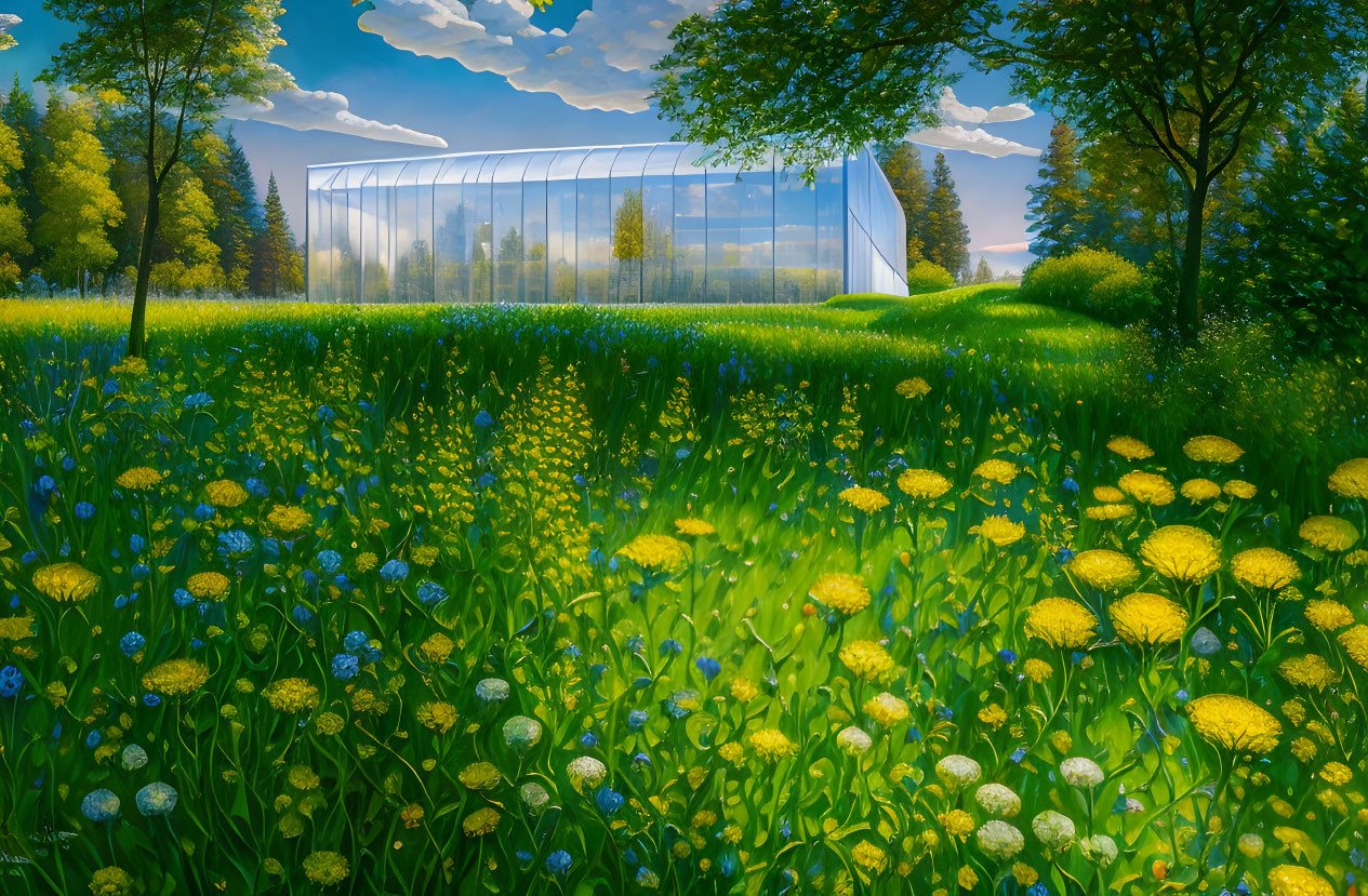 Glass building in lush meadow with trees under blue sky