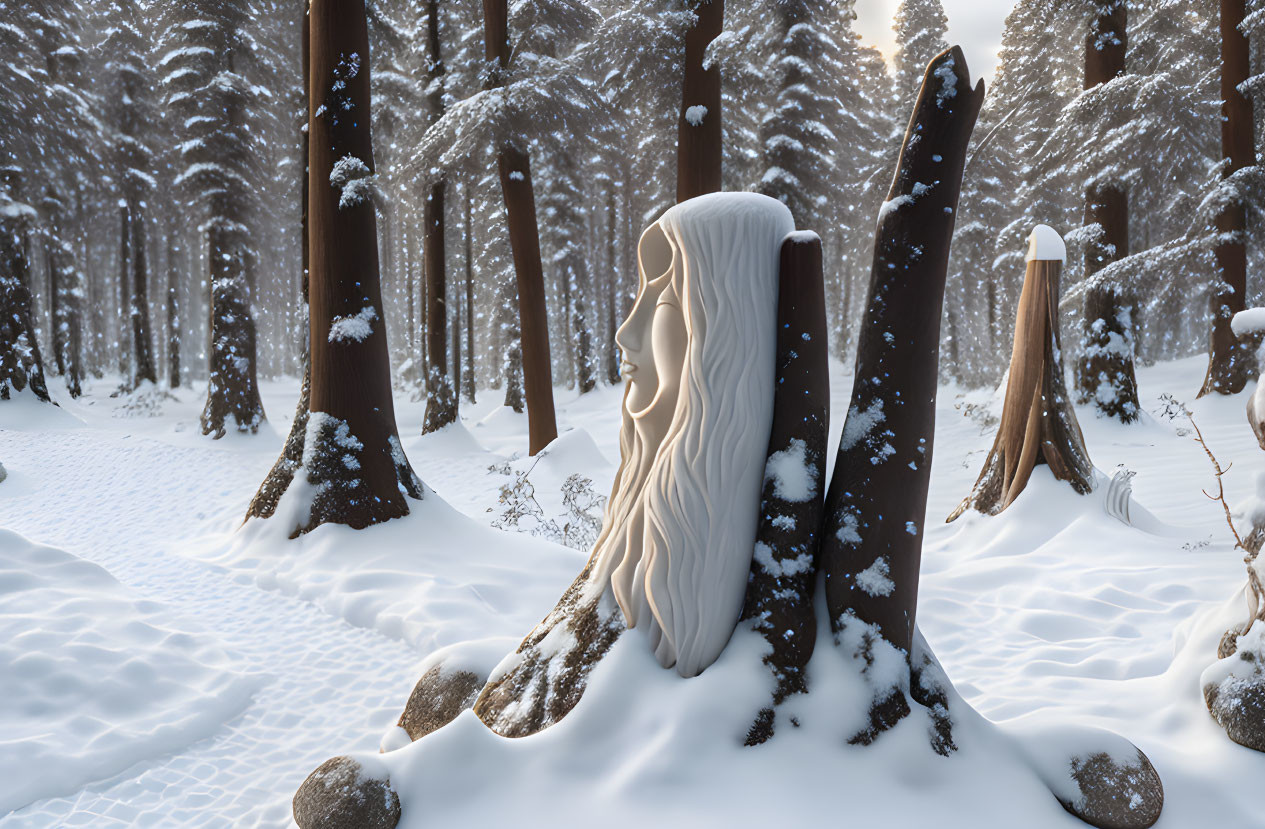 Snow-covered forest with marble woman's face sculpture in serene setting