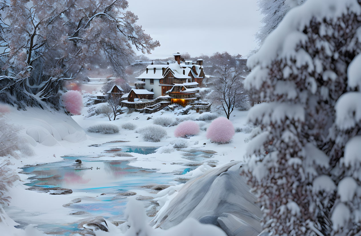 Snow-covered house, frosty trees, frozen stream in serene winter scene