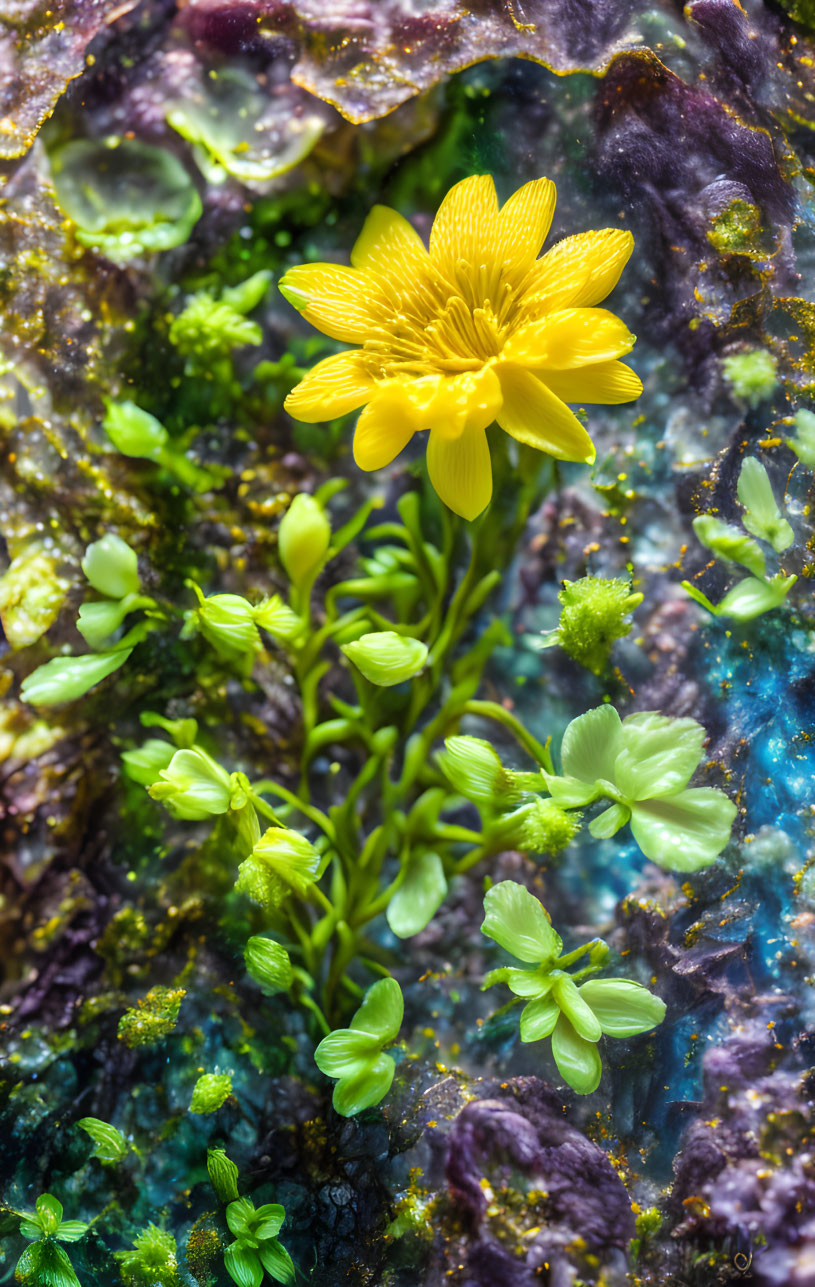 Bright Yellow Flower Blooming Among Green Plants on Colorful Surface