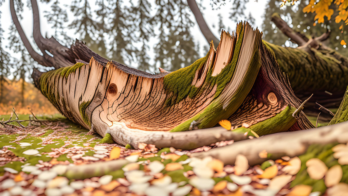 Autumn forest scene: fallen tree with splintered trunk and leaves.