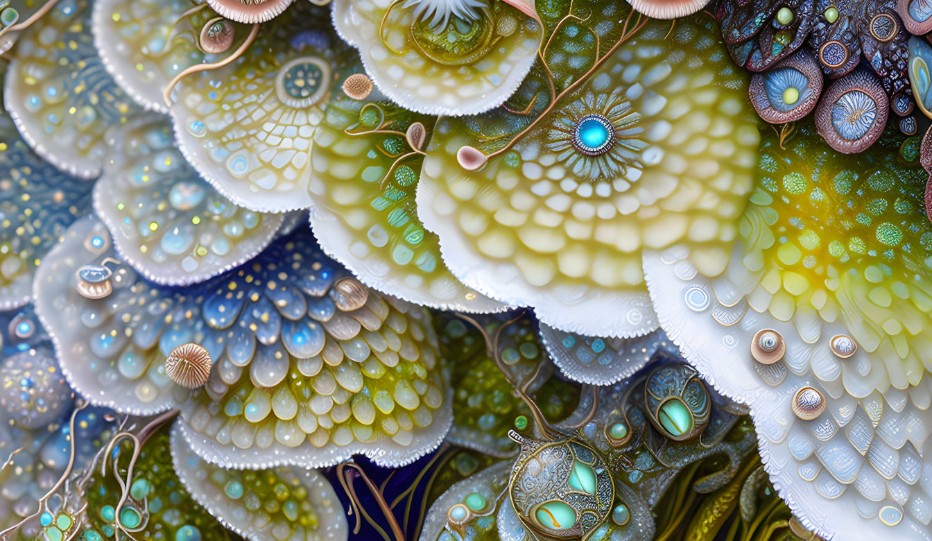 Intricate Digital Artwork: Overlapping Fractal Patterns in Blue, Green, and Brown