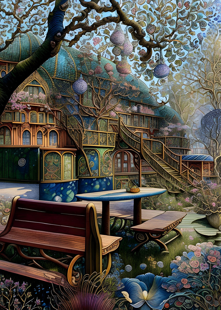 Detailed illustration of whimsical house, gardens, benches, and blooming tree.