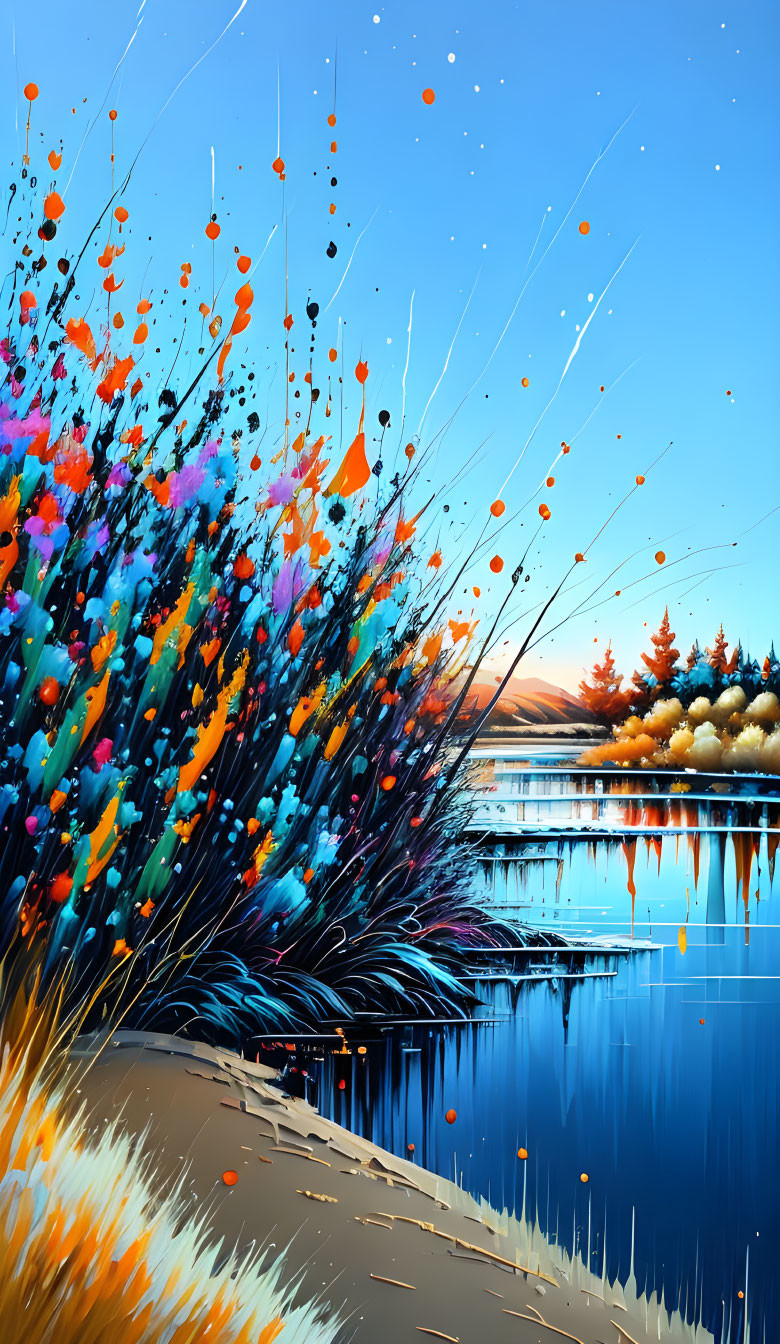 Colorful Abstract Lakeside Sunset Painting with Foliage Reflections