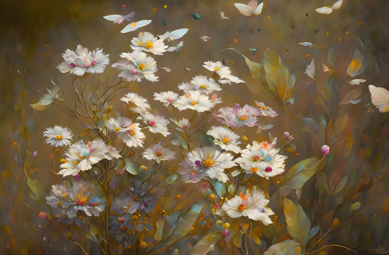 White Flowers Cluster with Bokeh Background, Autumn Leaves, and Butterflies