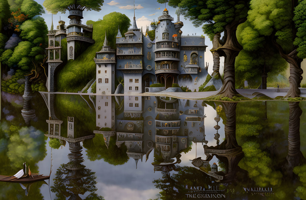 Whimsical castle in fantasy landscape with giant trees and serene lake