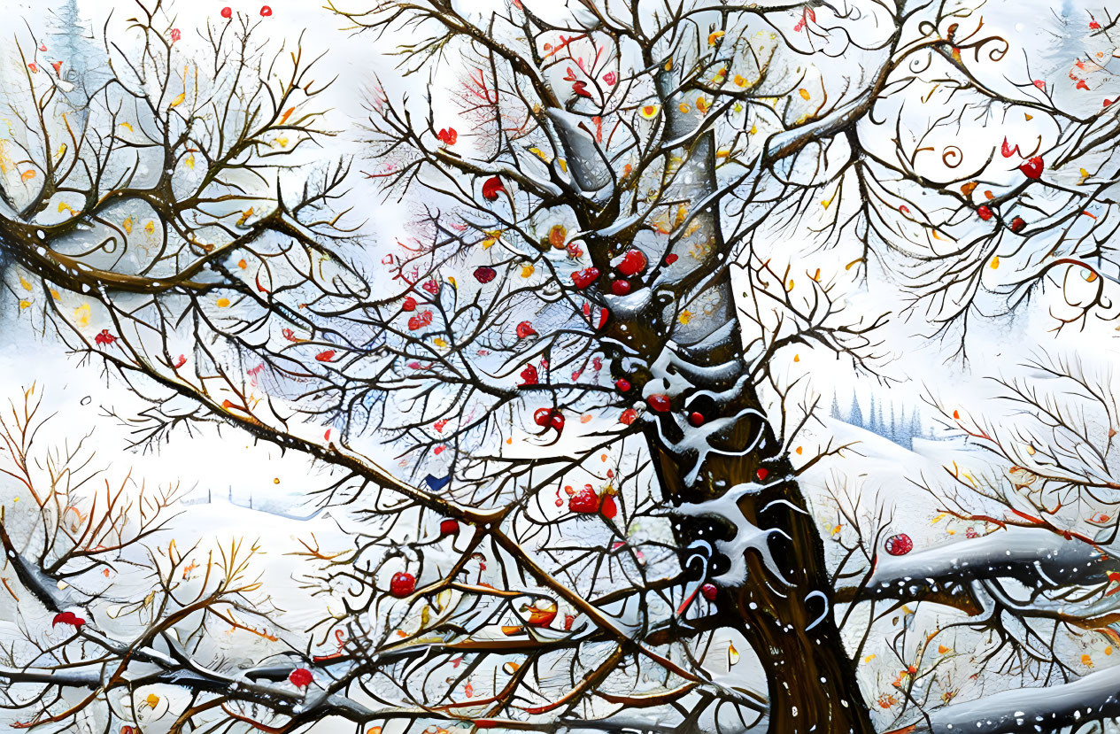 Whimsical painting of tree with red berries in snowy landscape