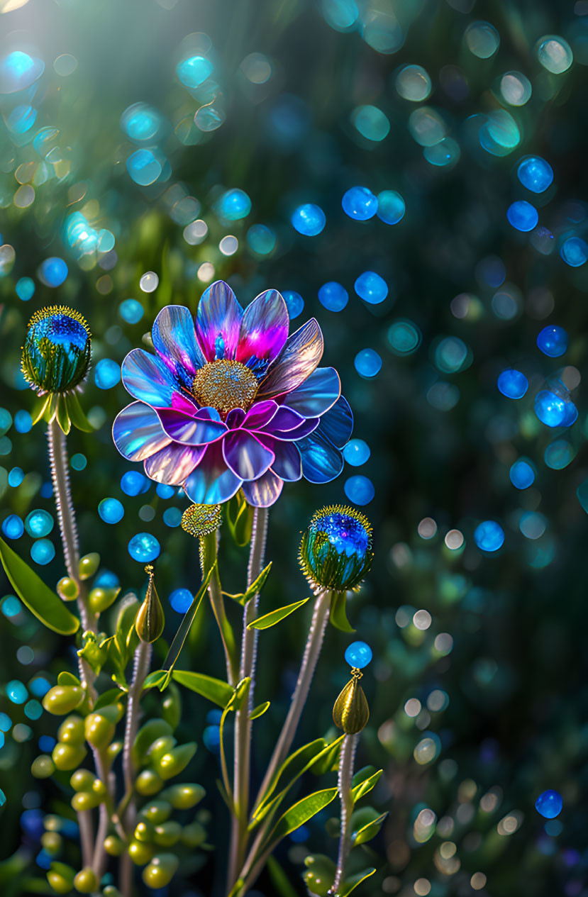 Colorful flower surrounded by blue and purple petals and shimmering green foliage.