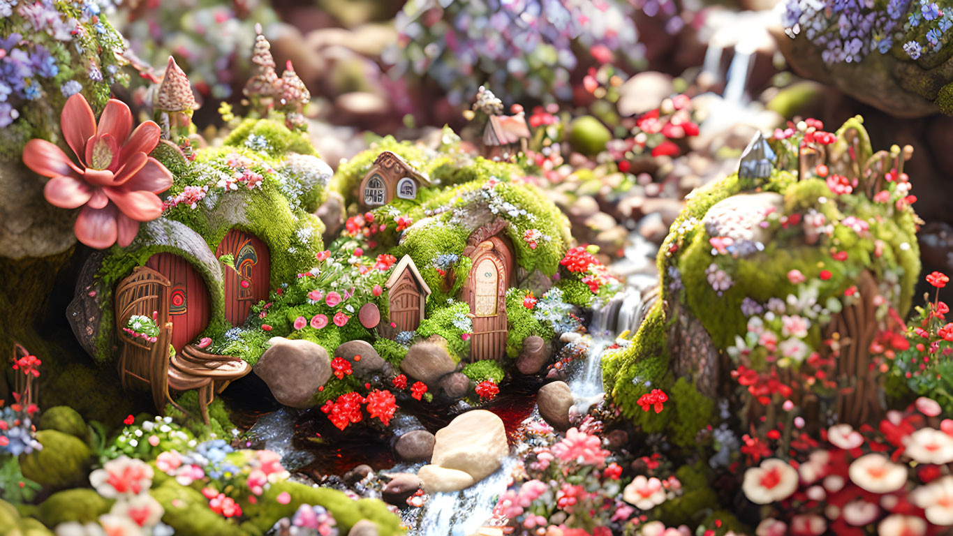 Miniature fairy village with vibrant flowers, moss-covered cottages, and sparkling stream.