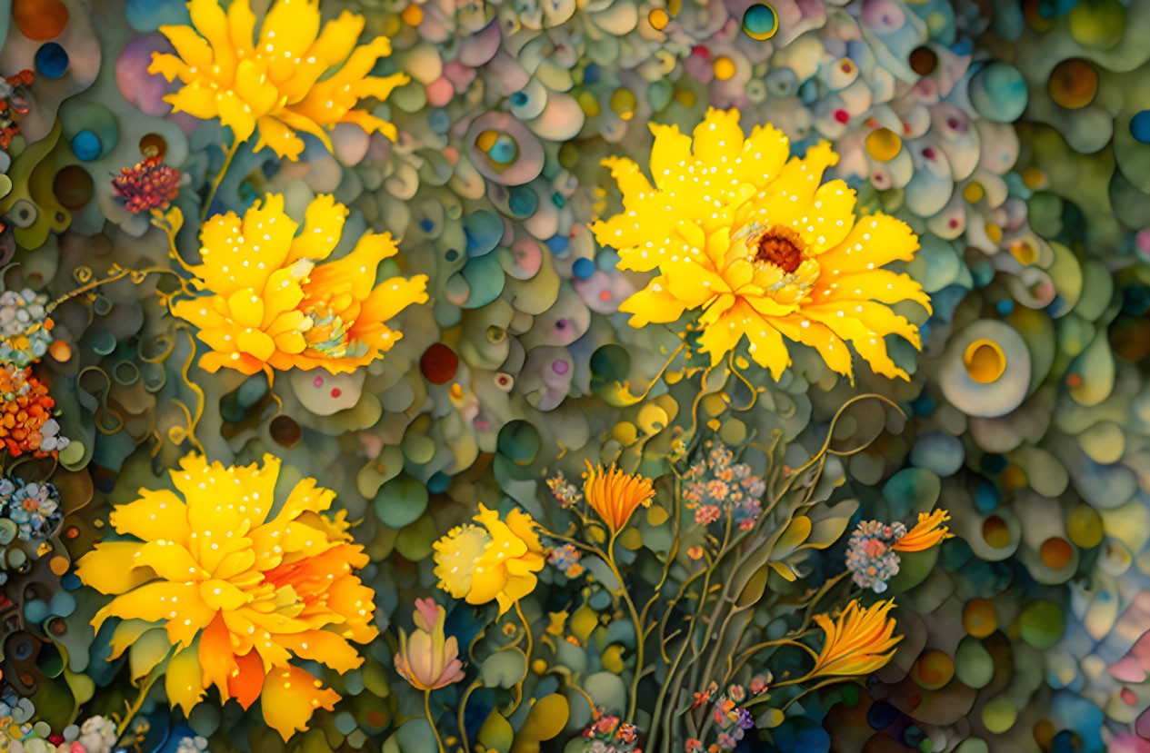 Colorful Pointillistic Yellow Flowers on Circular Background