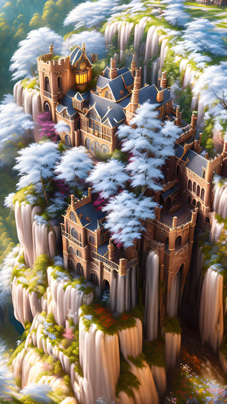 Castle on Vertical Cliffs Amid Pink and White Blooms