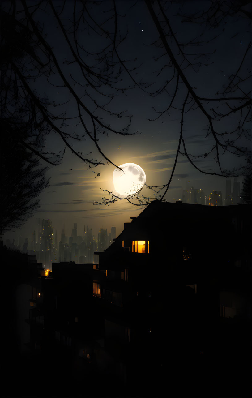 Cityscape at Night: Full Moon, Silhouetted Buildings, Stars, and House Window Glow