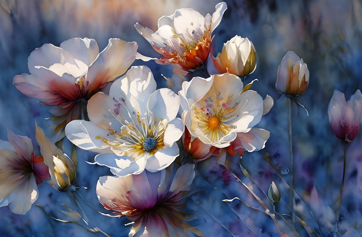 Translucent white flowers with pink and yellow centers on dreamy blue and purple backdrop