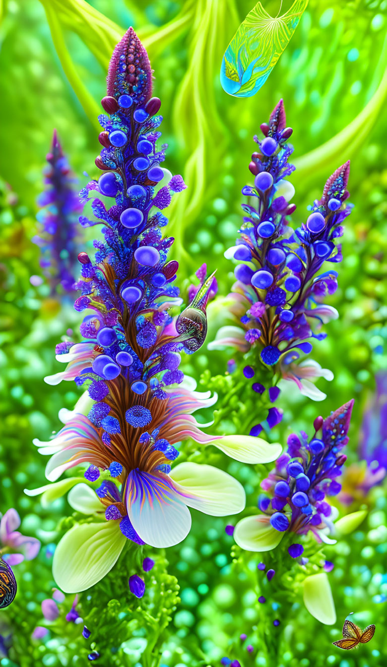 Fantastical digital artwork: Vibrant plants, blue and purple hues, intricate petals, butterflies,