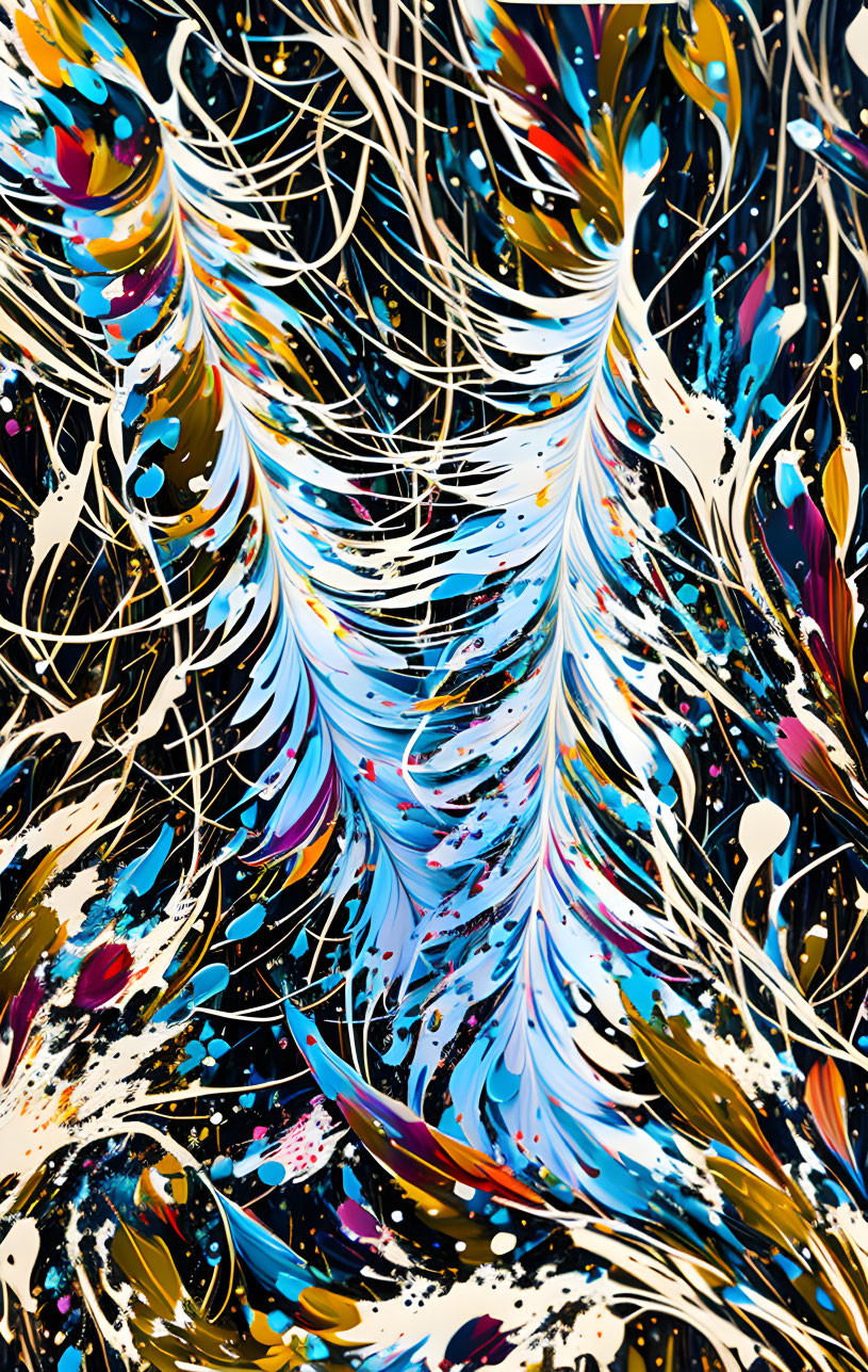 Vibrant Abstract Painting with Colorful Splatter Pattern on Dark Background