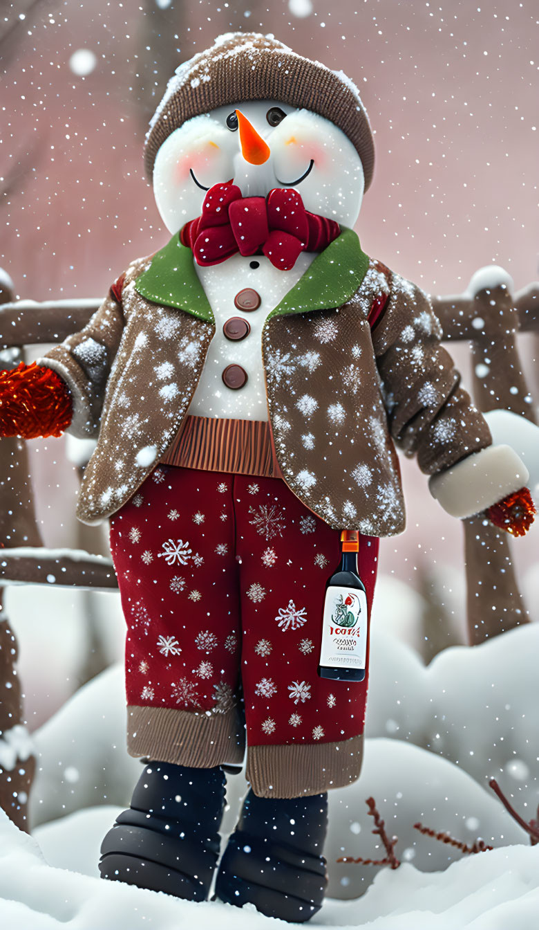 Snowman in festive attire with hot sauce bottle in snowy scene