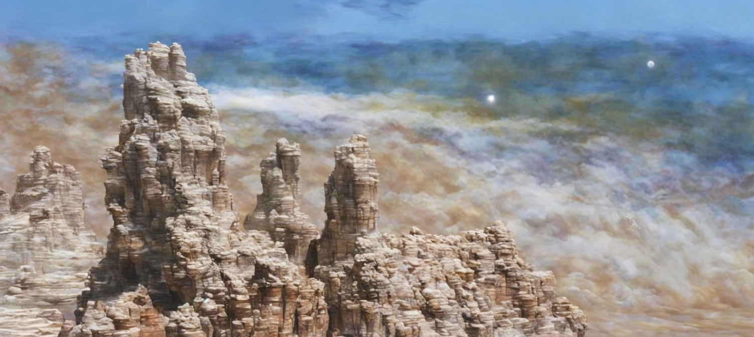 Tower-like Rock Formations Amid Blurred Seascape