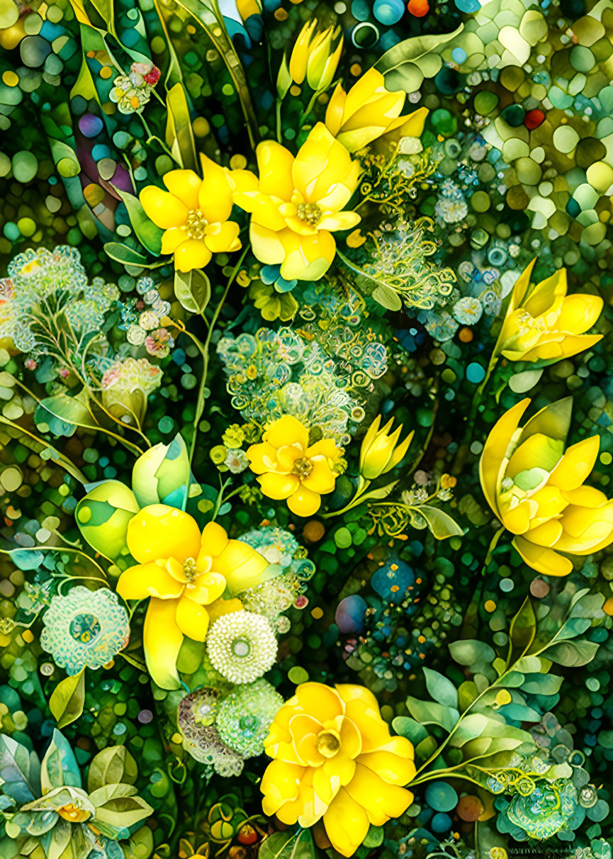 Colorful digital artwork with yellow flowers and green foliage on mosaic background