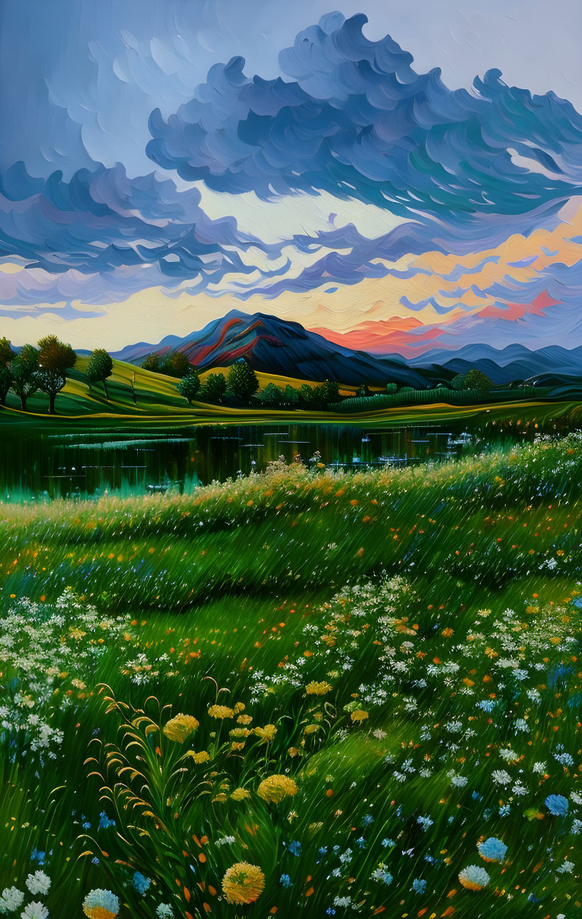 Serene landscape painting with flower-filled meadow, calm lake, rolling hills, and dramatic sunset sky