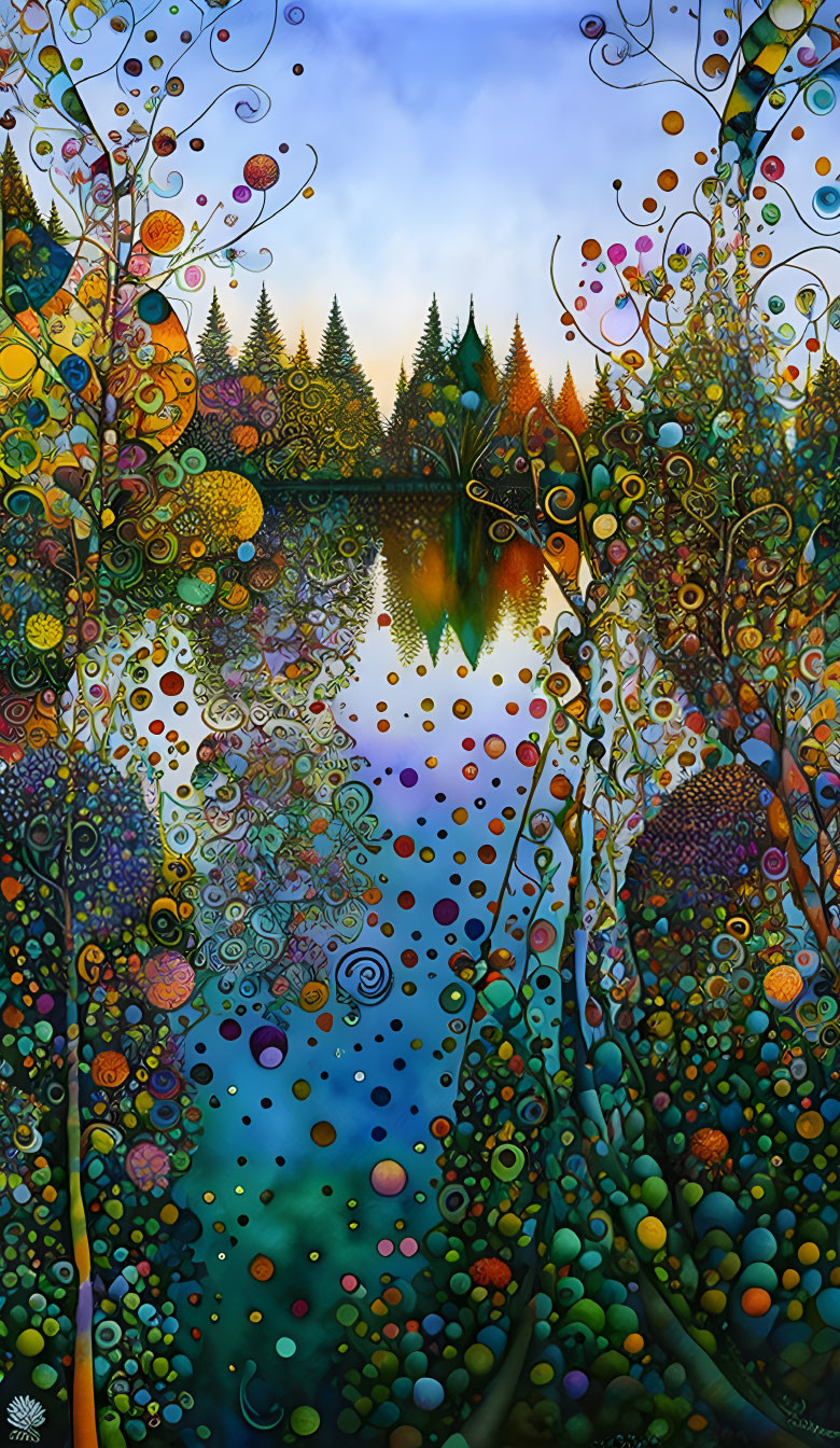 Colorful forest and circular trees reflected in serene lake - vibrant nature meets fantasy