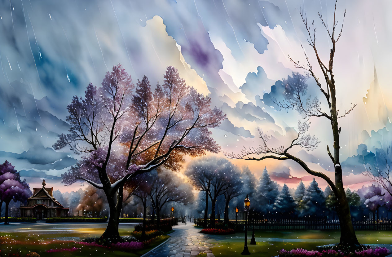 Detailed Illustration: Park at Dusk with Rain, Autumn Trees, Cobblestone Path, G