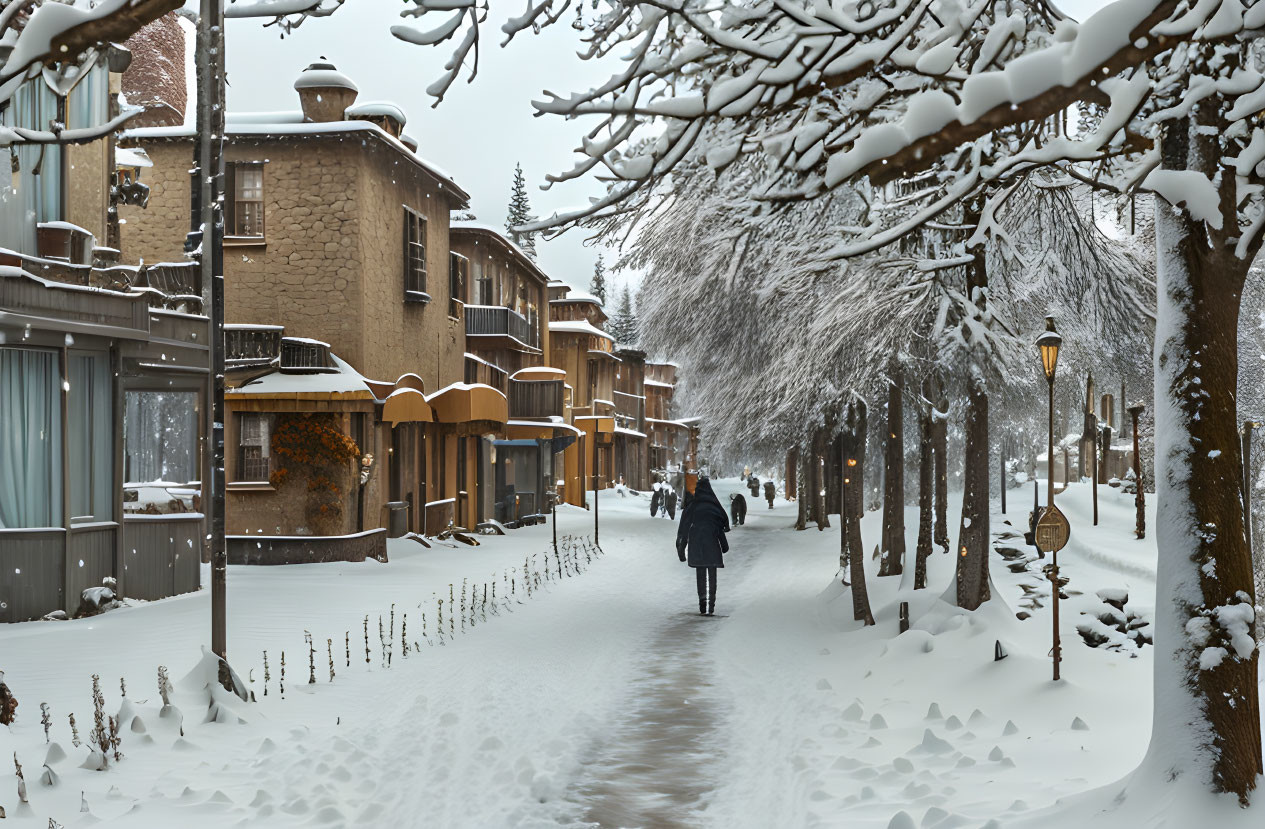 Snowy Street Scene with Person Walking on Cloudy Day