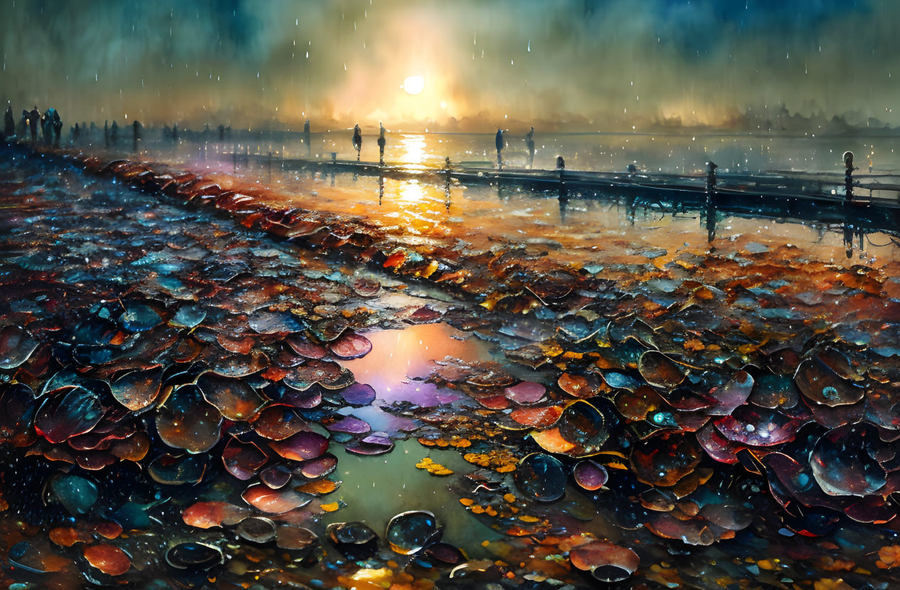 Colorful Sunset Beach Painting with Shells, Figures, and Rain Drizzle