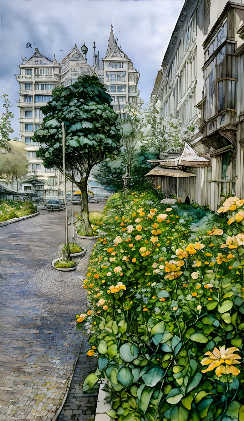 European street with greenery, yellow flowers, historic buildings