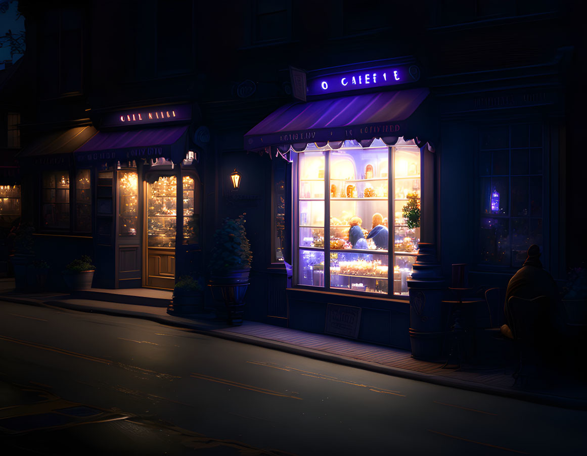 Nighttime Bakery Scene with Warm Lighting and Cozy Ambiance