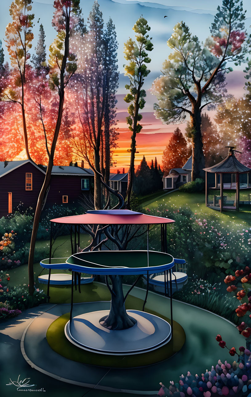 Tranquil park with carousel around tree, lush flora, sunset sky, birds, quaint houses