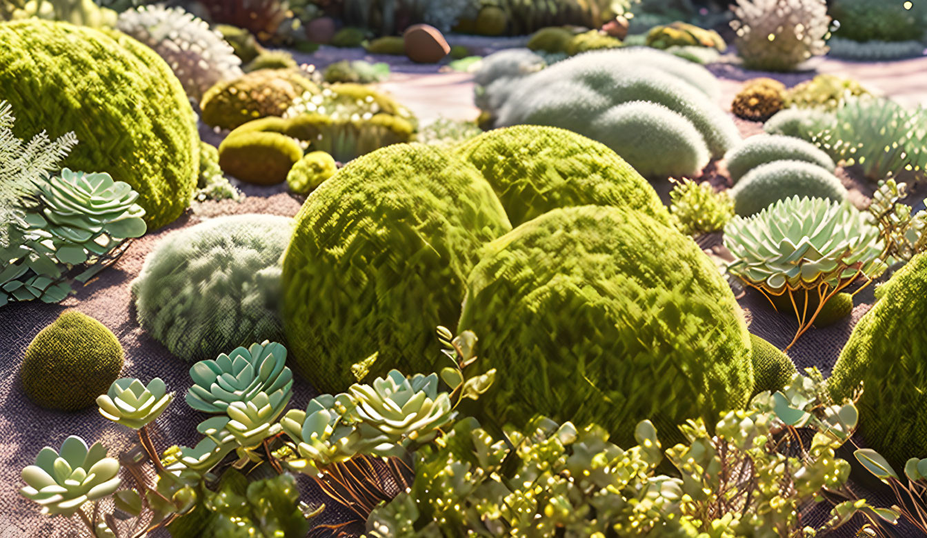 Diverse Succulent Plants and Mossy Formations in Garden Setting