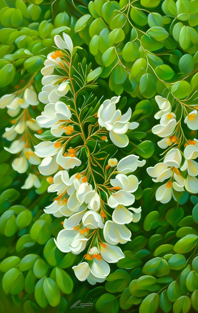 Digital Artwork: White and Orange Flowers Among Green Foliage